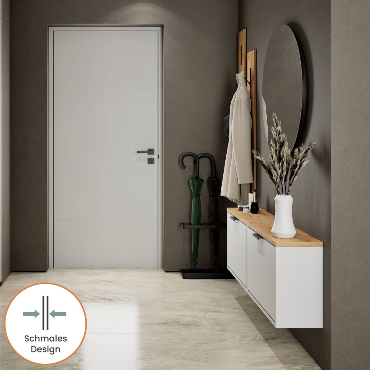 Wandansicht: besonders schlankes Garderoben-Design mit schwebendem Schuhschrank